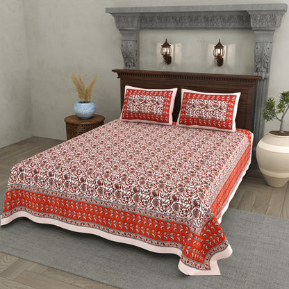 Classic Crimson Floral Cotton Bedsheet – Traditional Red & White Print