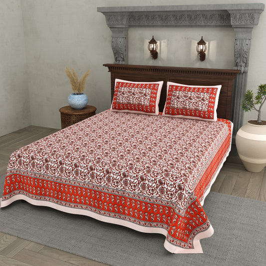 Classic Crimson Floral Cotton Bedsheet – Traditional Red & White Print