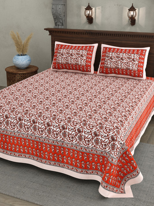 Classic Crimson Floral Cotton Bedsheet – Traditional Red & White Print