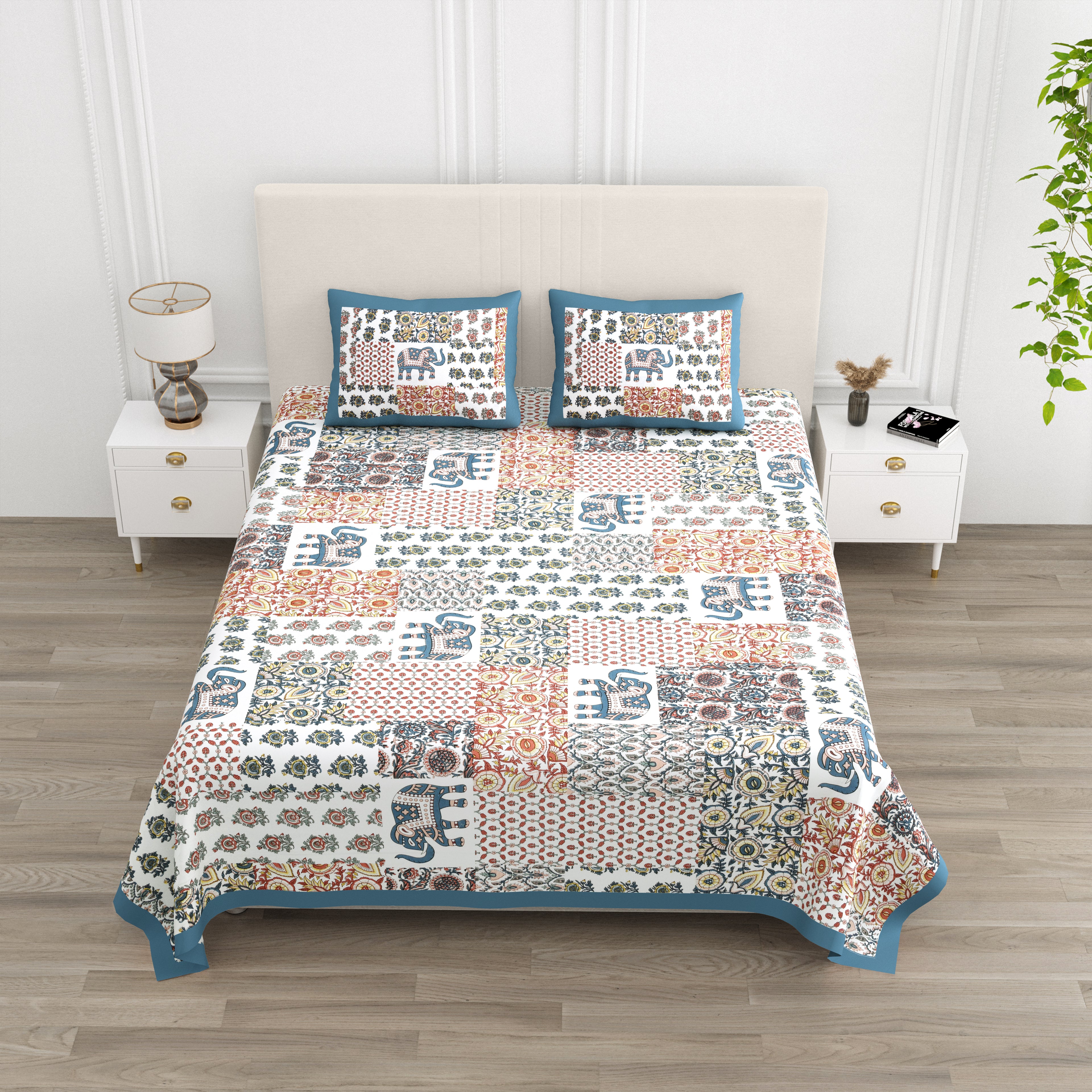 Multi-Color Elephant Patchwork Design King size bedsheet