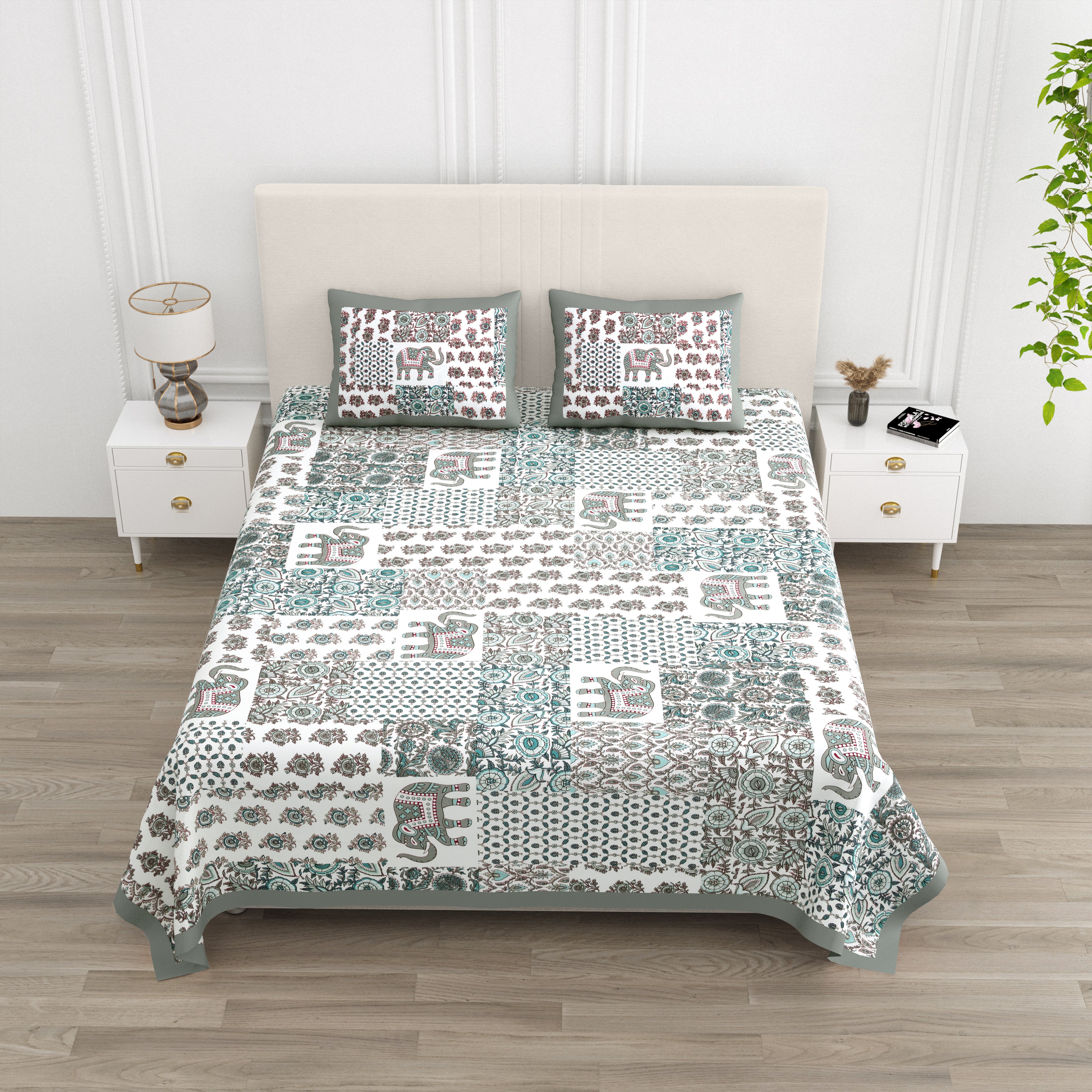 Grey Elephant Patchwork Design King size bedsheet