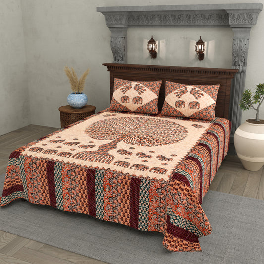 Tree of Life Cotton Bedsheet – Elephant Motif, Multicolor, 90x100 Inches