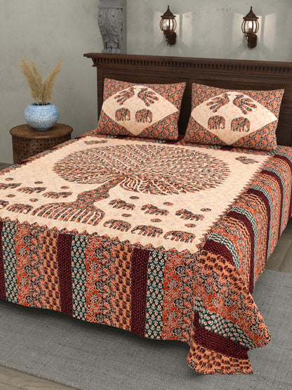 Tree of Life Cotton Bedsheet – Elephant Motif, Multicolor, 90x100 Inches
