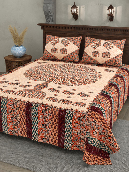 Tree of Life Cotton Bedsheet – Elephant Motif, Multicolor, 90x100 Inches