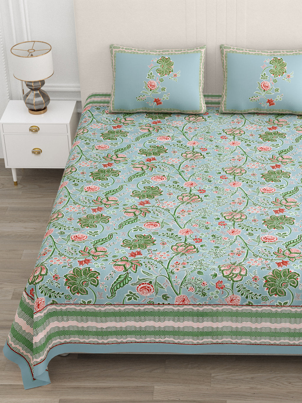 Blue Jaipuri Floral Print King Size Bedsheet