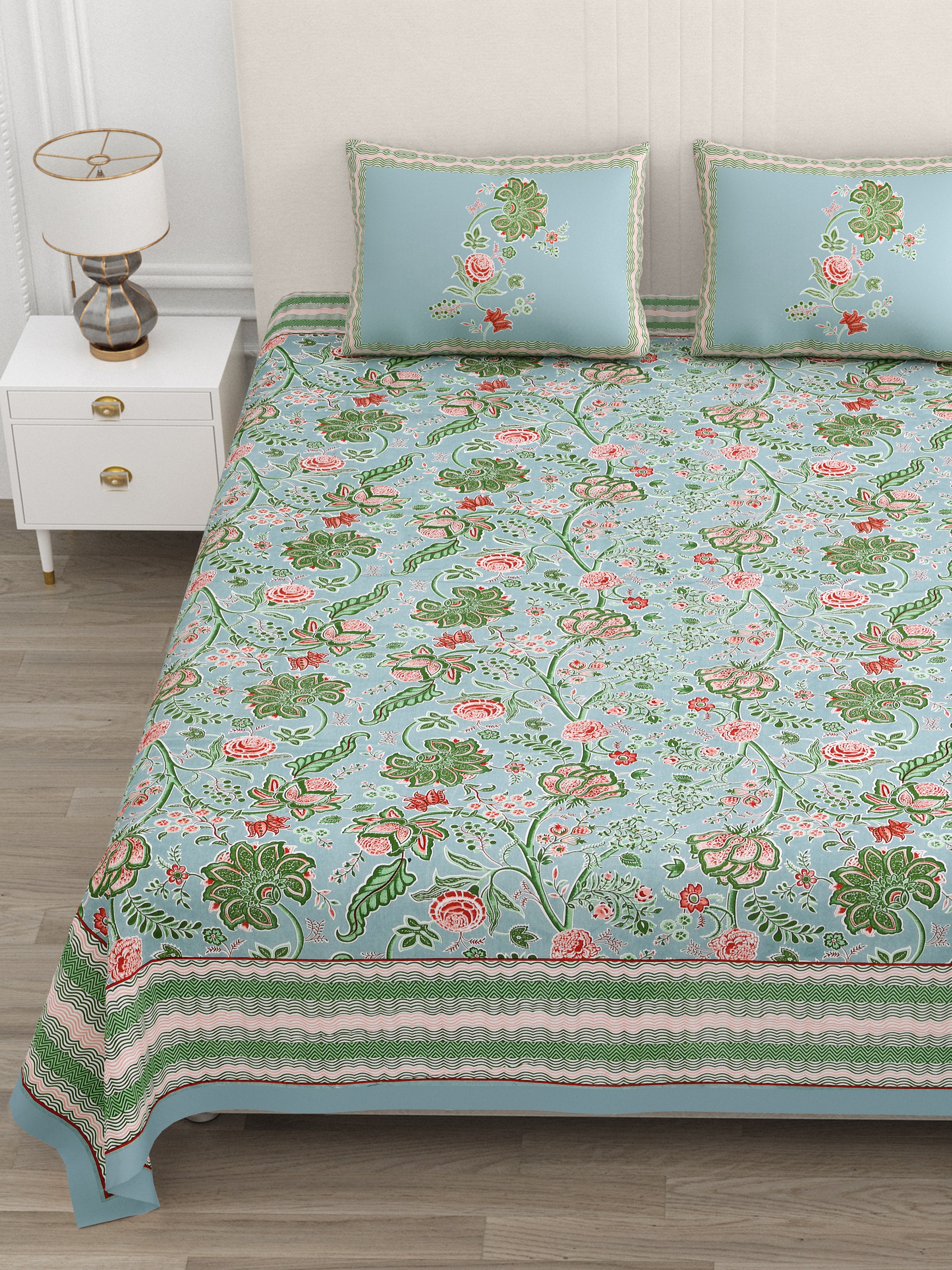 Blue Jaipuri Floral Print King Size Bedsheet