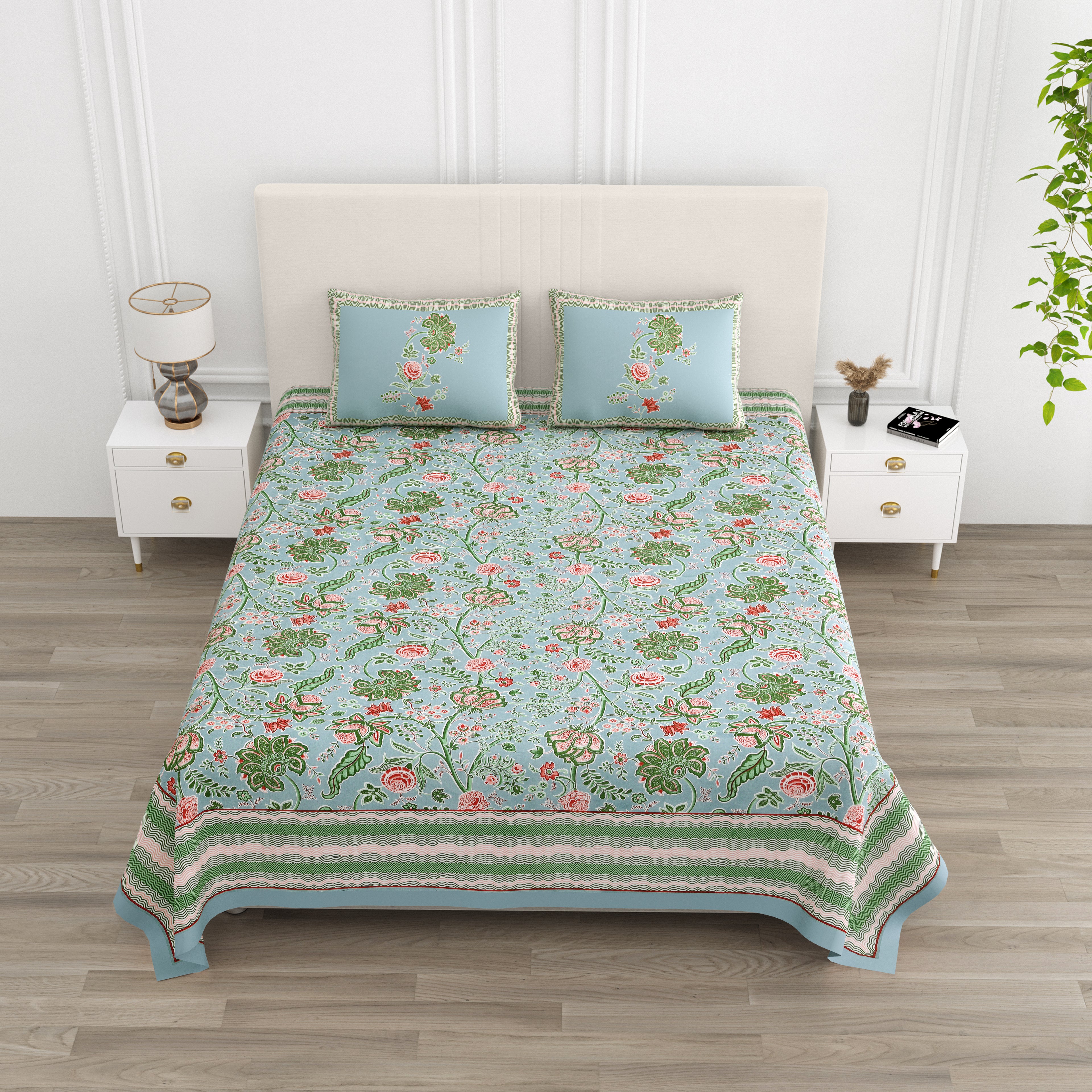 Blue Jaipuri Floral Print King Size Bedsheet