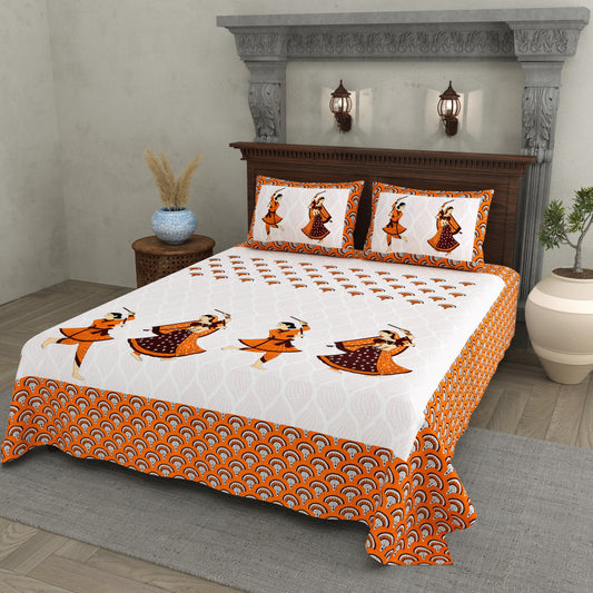 Garba Dance Print Cotton Bedsheet – Orange Ethnic Folk Art Design