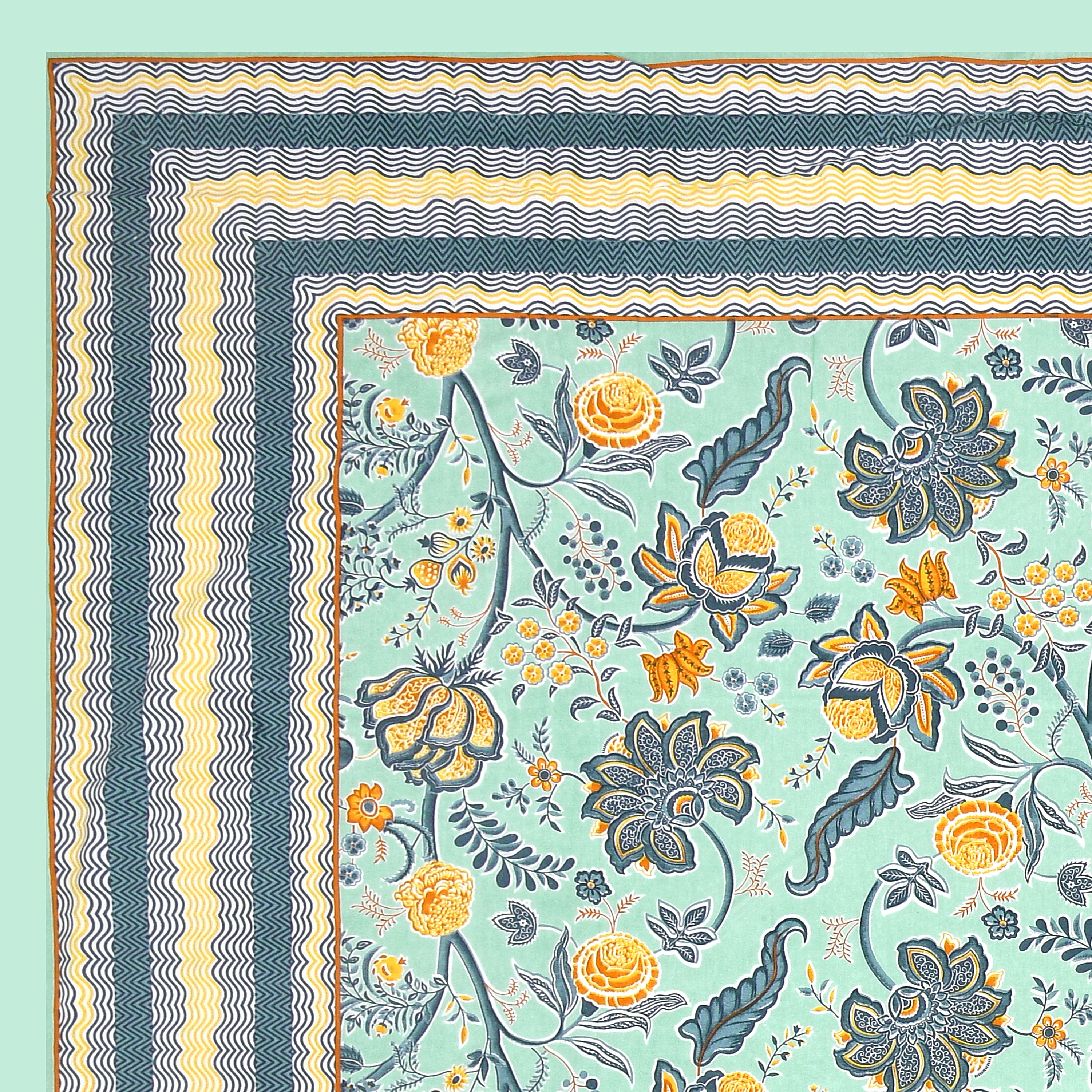 Mint Green Jaipuri Floral Print King Size Bedsheet