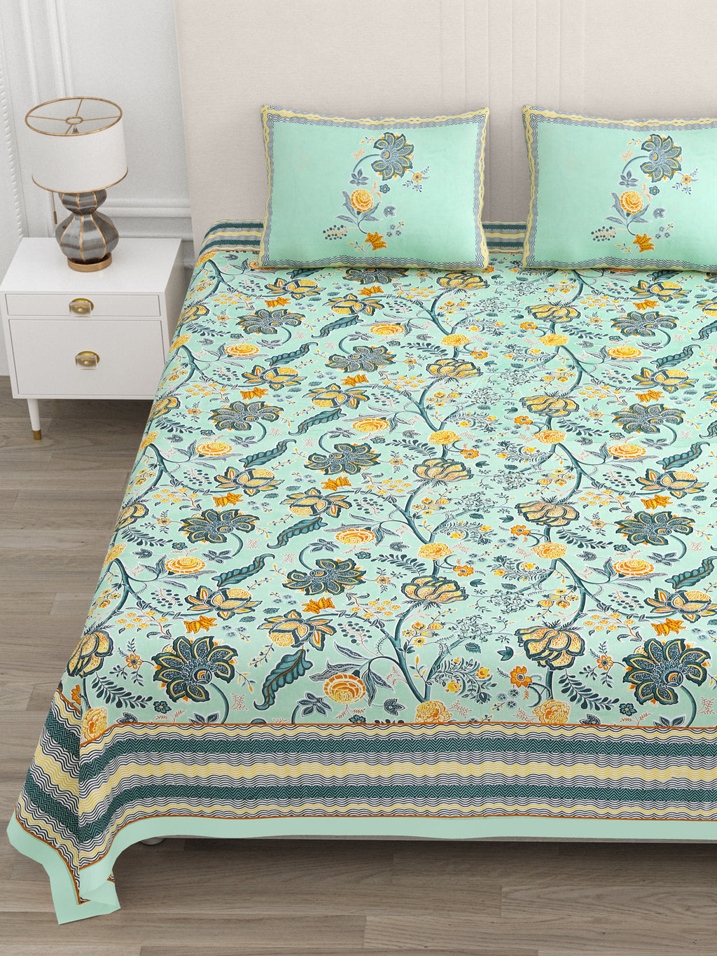 Mint Green Jaipuri Floral Print King Size Bedsheet
