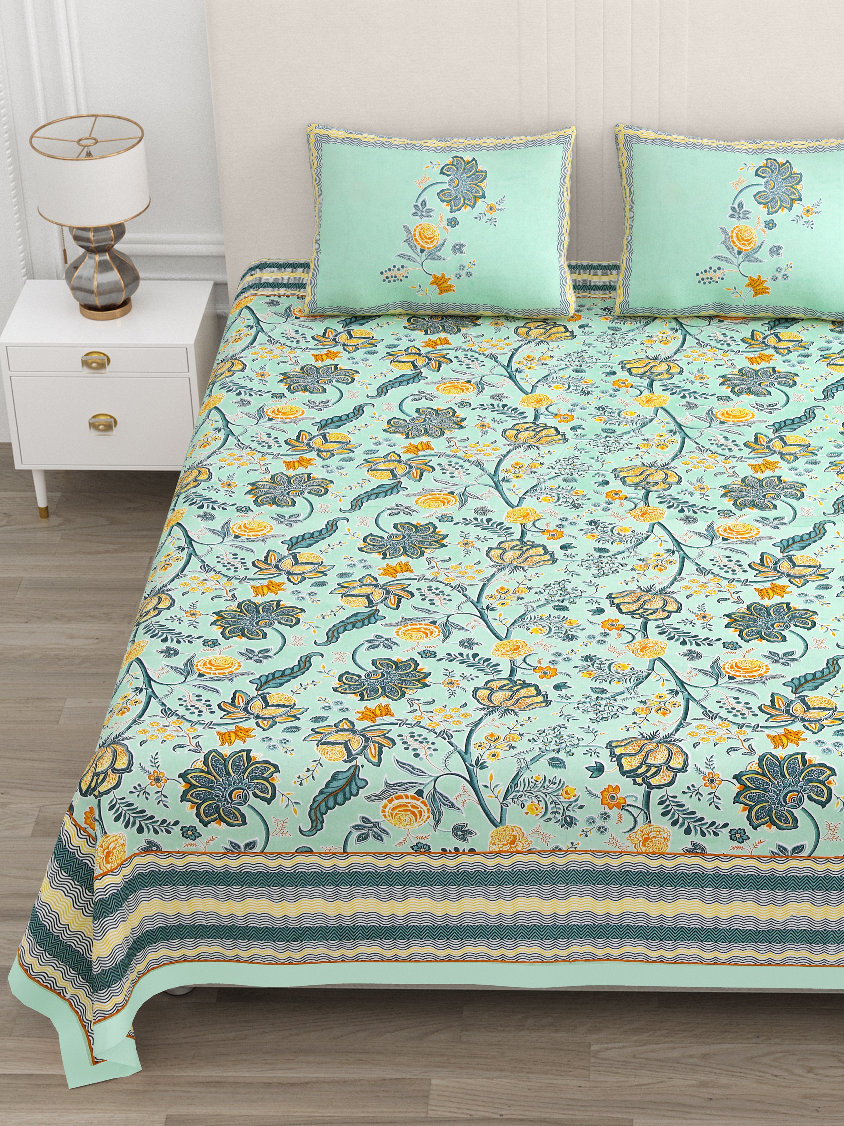 Mint Green Jaipuri Floral Print King Size Bedsheet