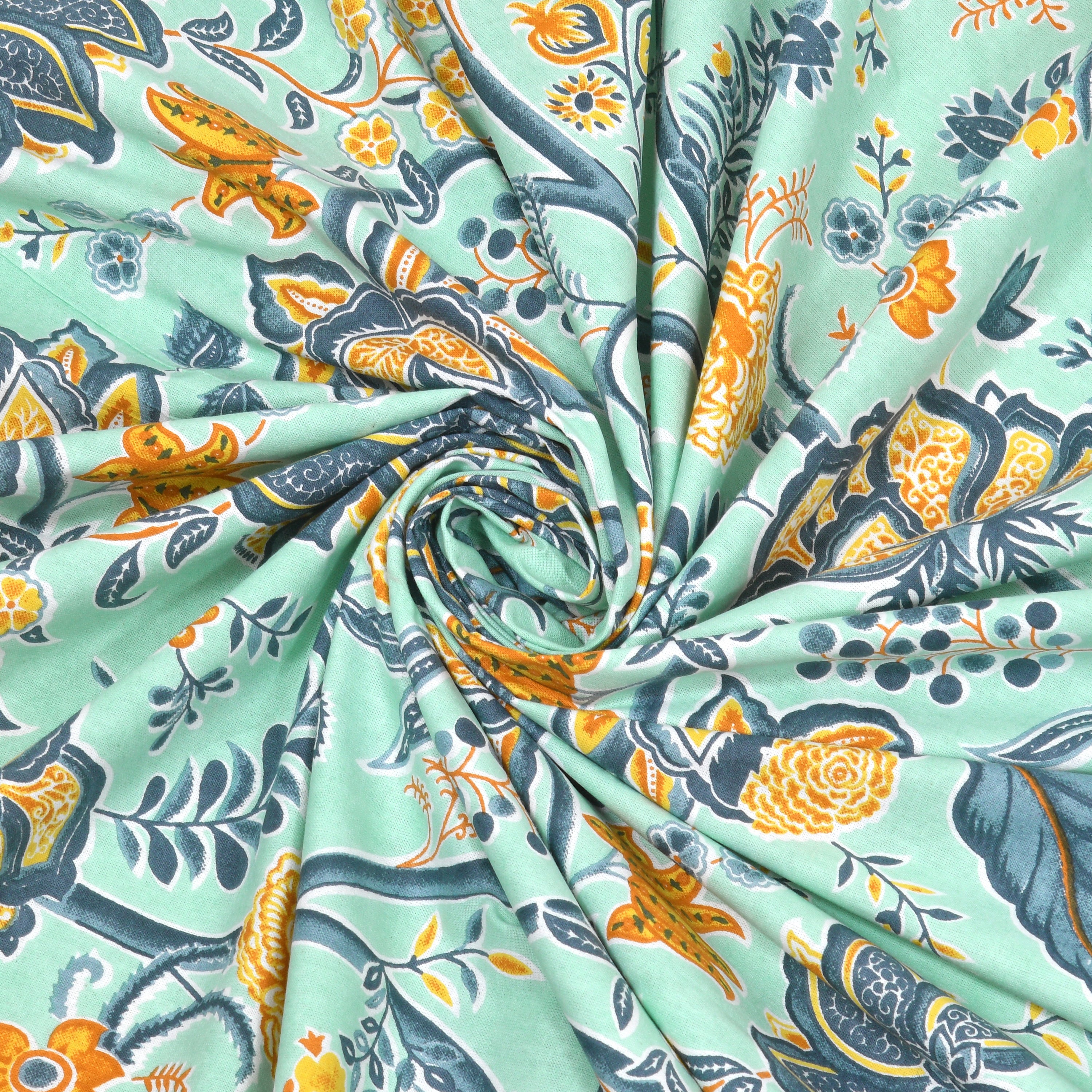 Mint Green Jaipuri Floral Print King Size Bedsheet