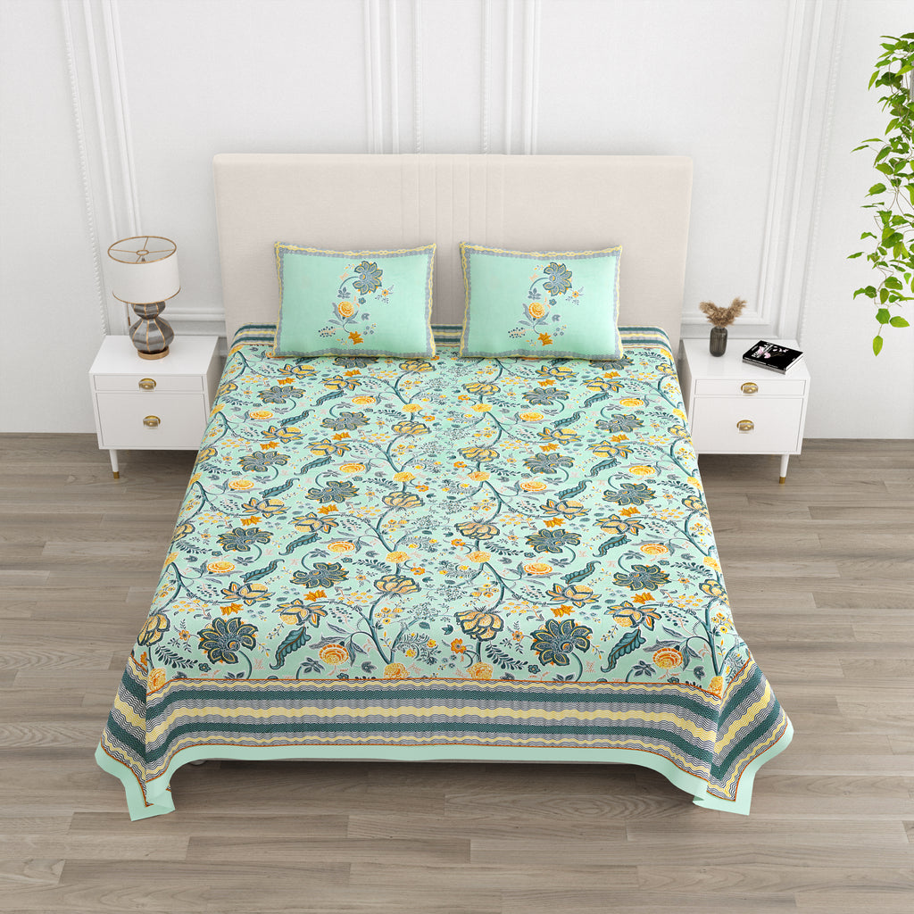 Mint Green Jaipuri Floral Print King Size Bedsheet