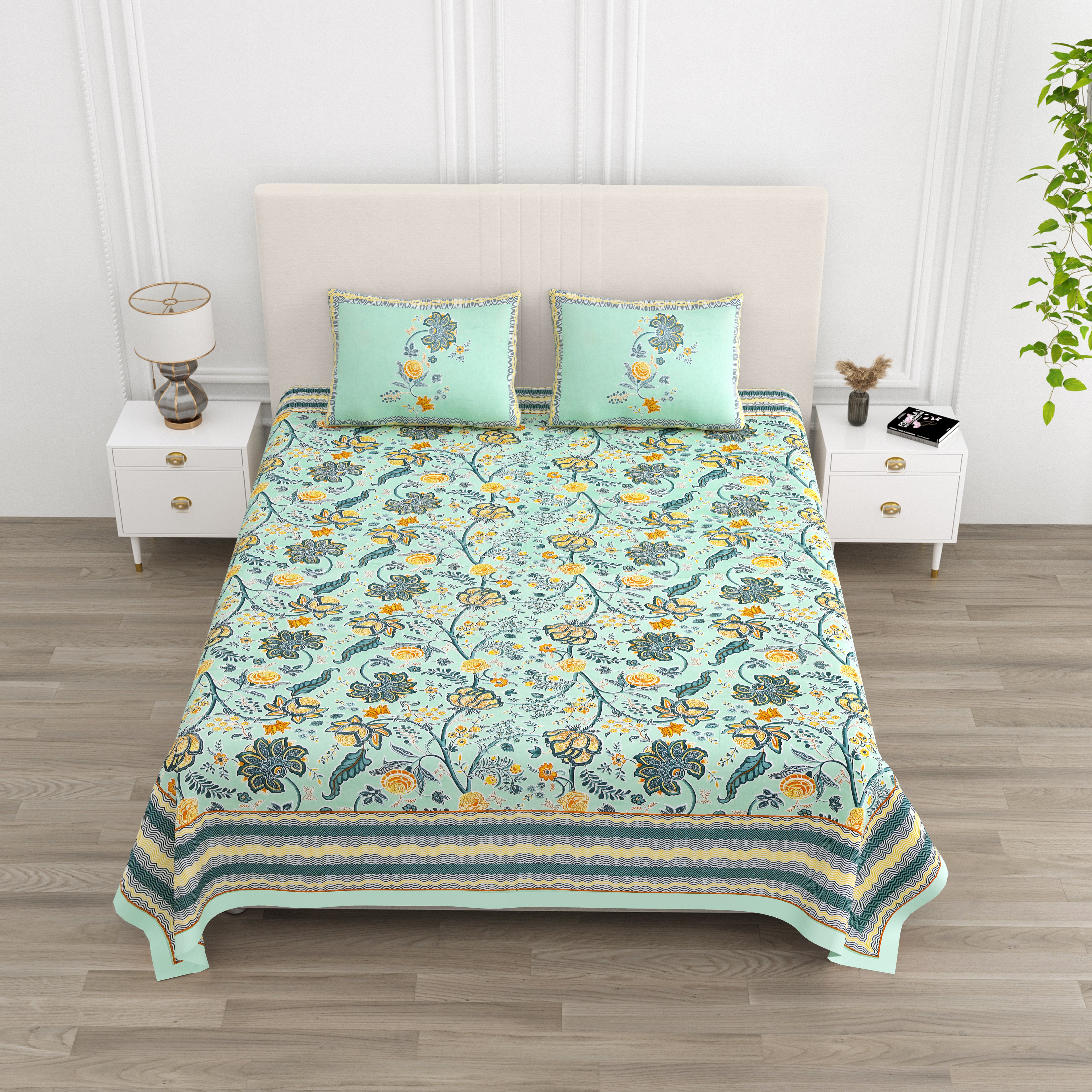 Mint Green Jaipuri Floral Print King Size Bedsheet