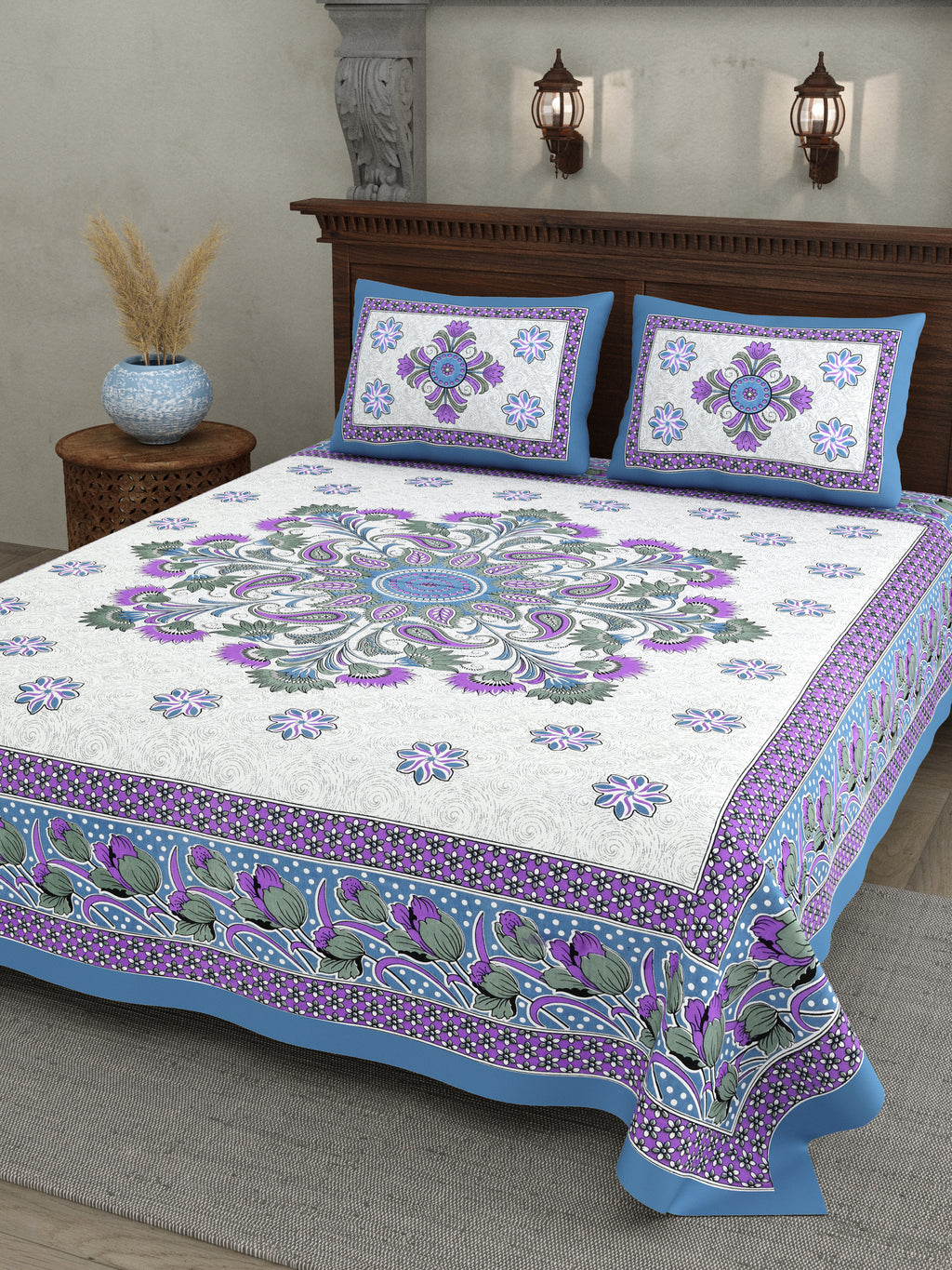 Royal Bloom Cotton Bedsheet – Purple Blue