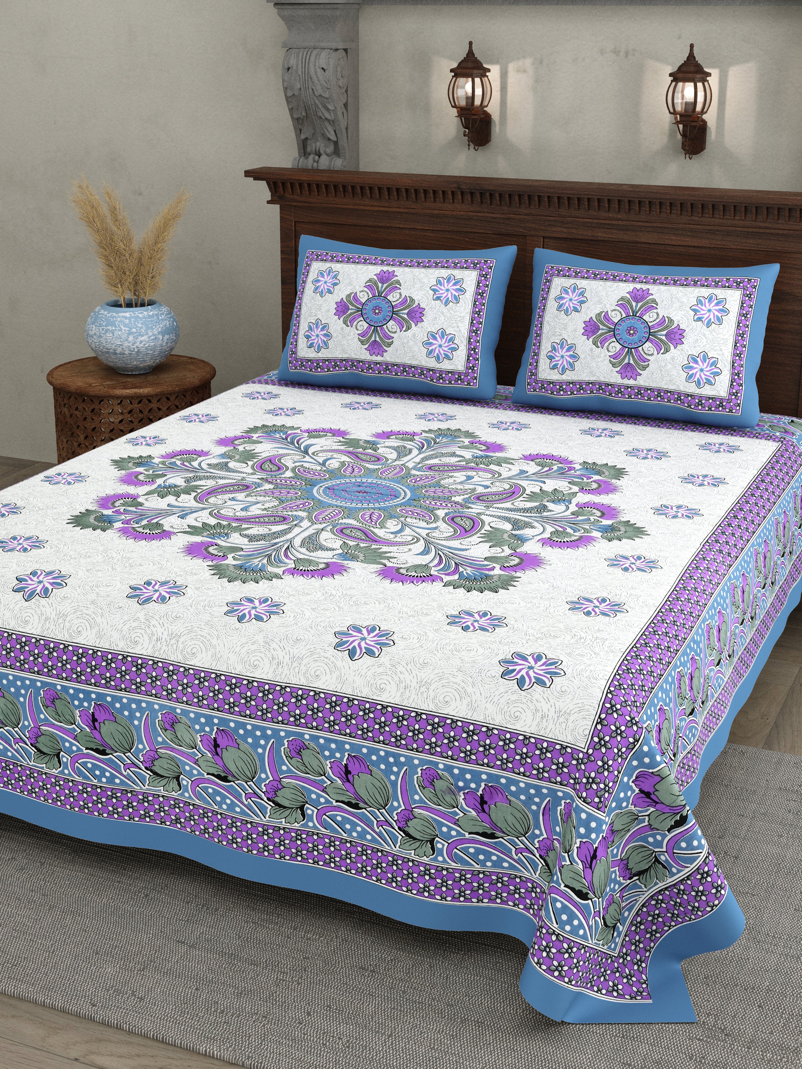 Royal Bloom Cotton Bedsheet – Purple Blue