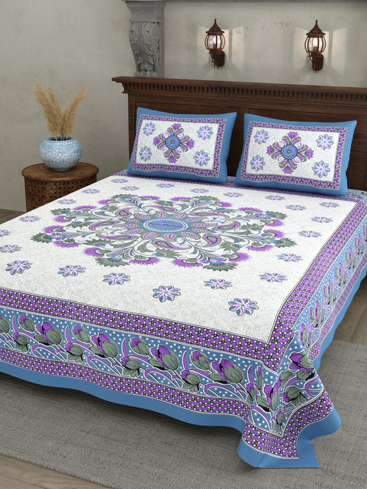 Royal Bloom Cotton Bedsheet – Purple Blue