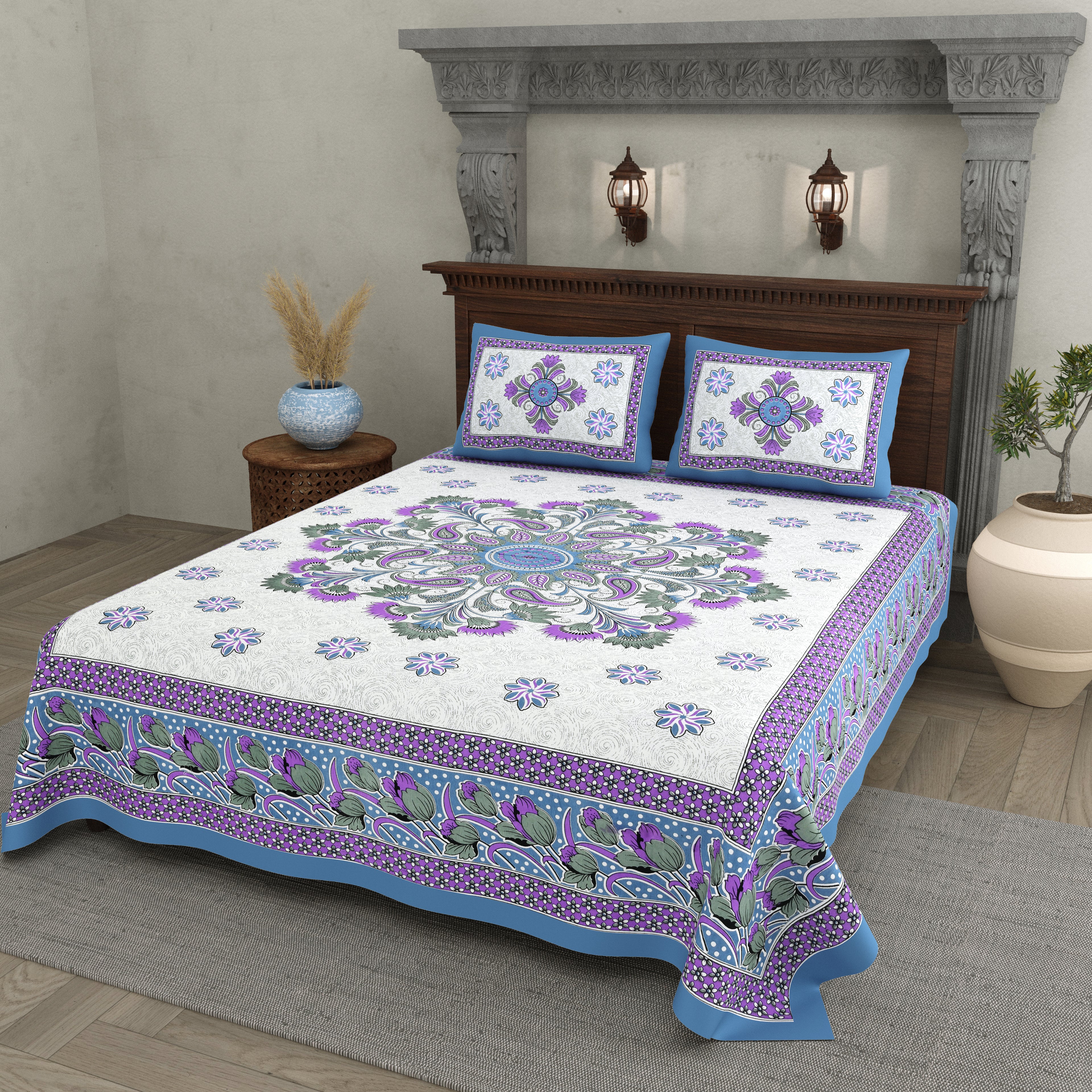 Royal Bloom Cotton Bedsheet – Purple Blue