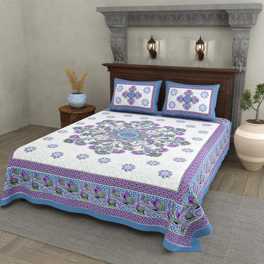 Royal Bloom Cotton Bedsheet – Purple Blue