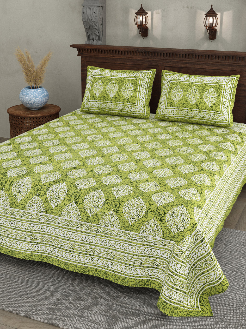 Green Leaf Motif Cotton Bedsheet