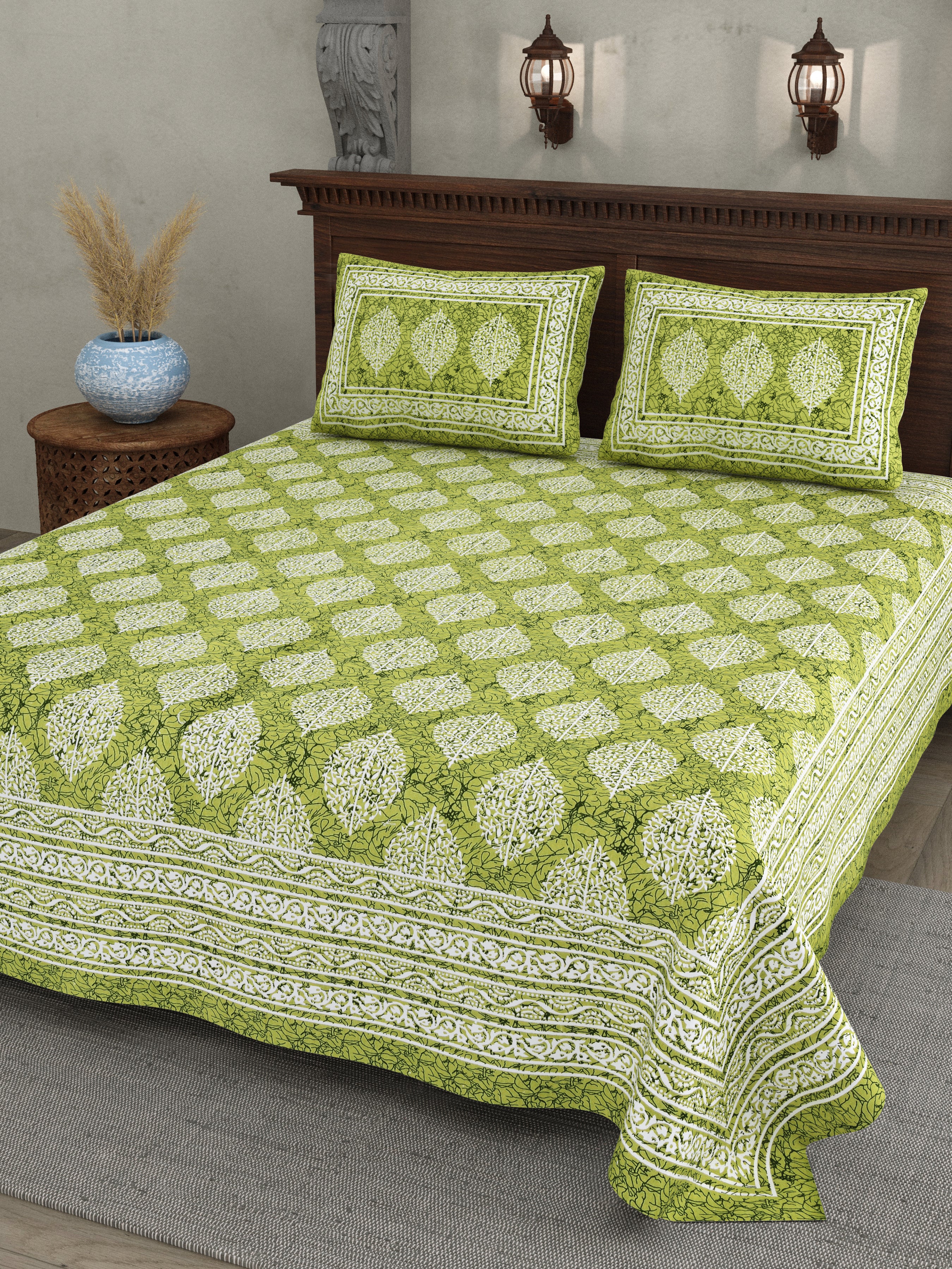 Green Leaf Motif Cotton Bedsheet