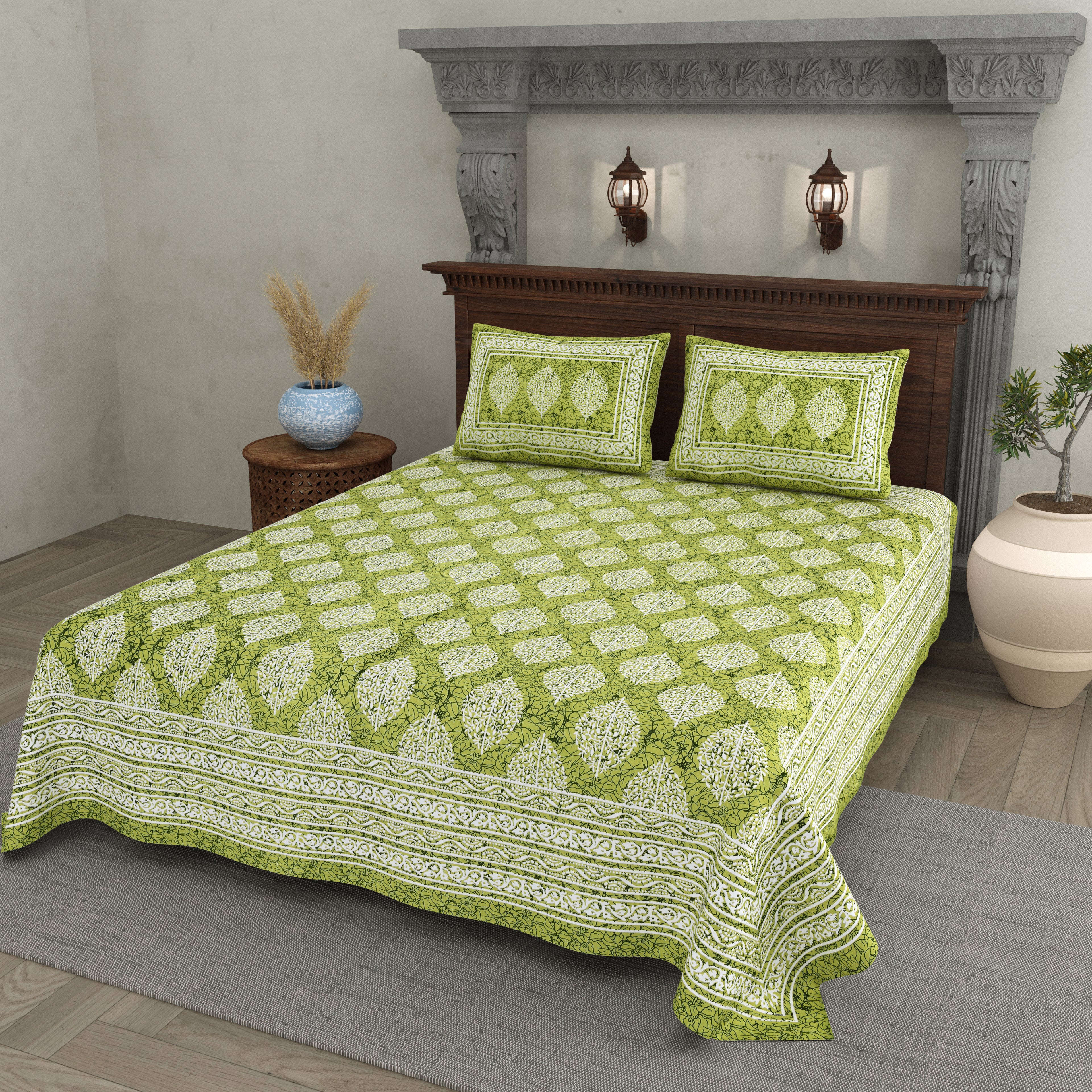 Green Leaf Motif Cotton Bedsheet