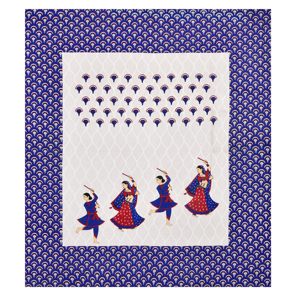 Royal Blue Garba Dance Print Cotton Bedsheet – Folk Art
