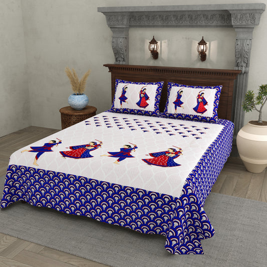 Royal Blue Garba Dance Print Cotton Bedsheet – Folk Art