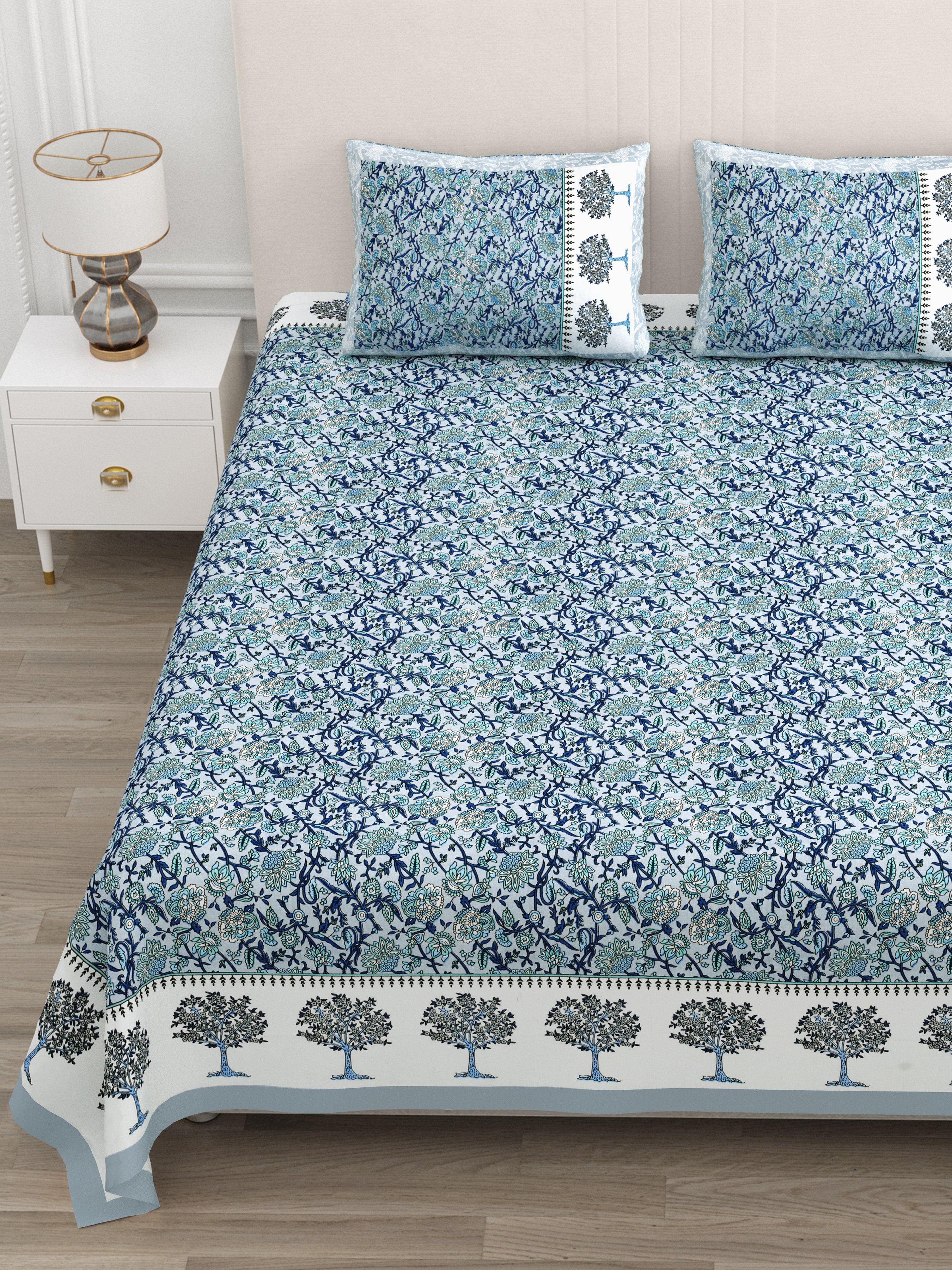 Blue Tree Motif King Size Bedsheet