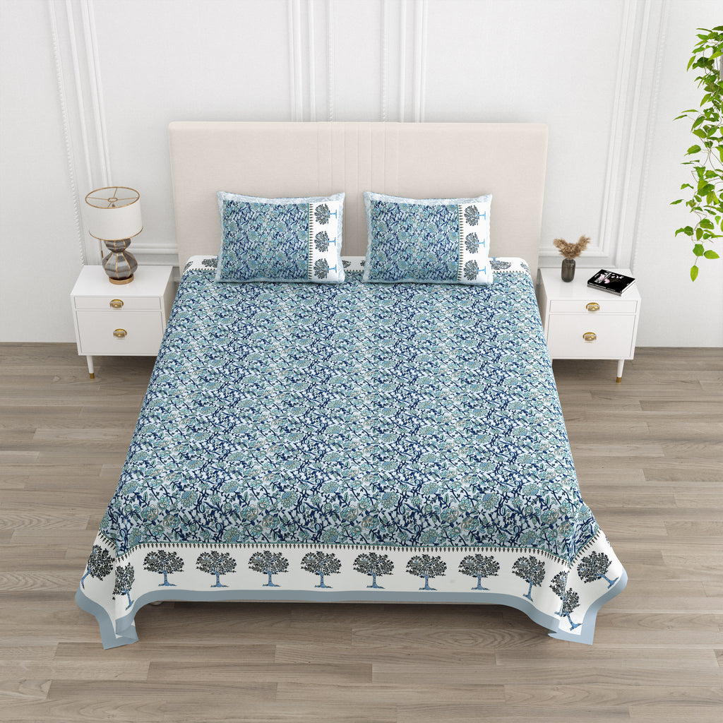 Blue Tree Motif King Size Bedsheet