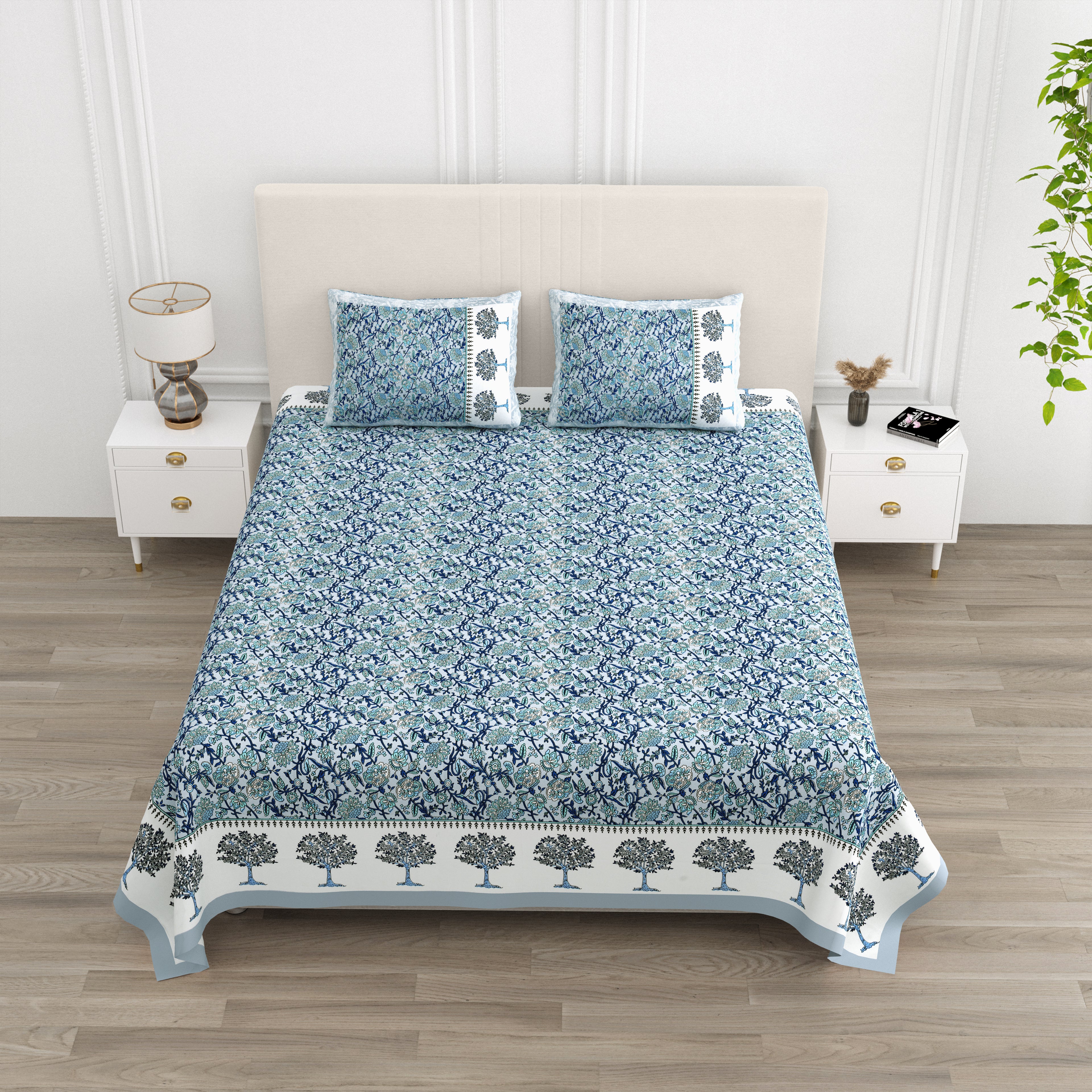 Blue Tree Motif King Size Bedsheet