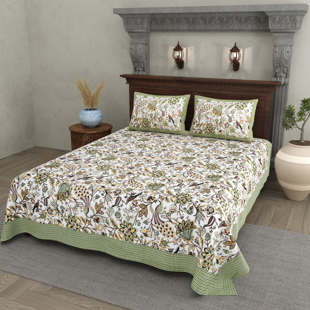 Elegant Rajasthani Peacock Print Bedsheet in Green