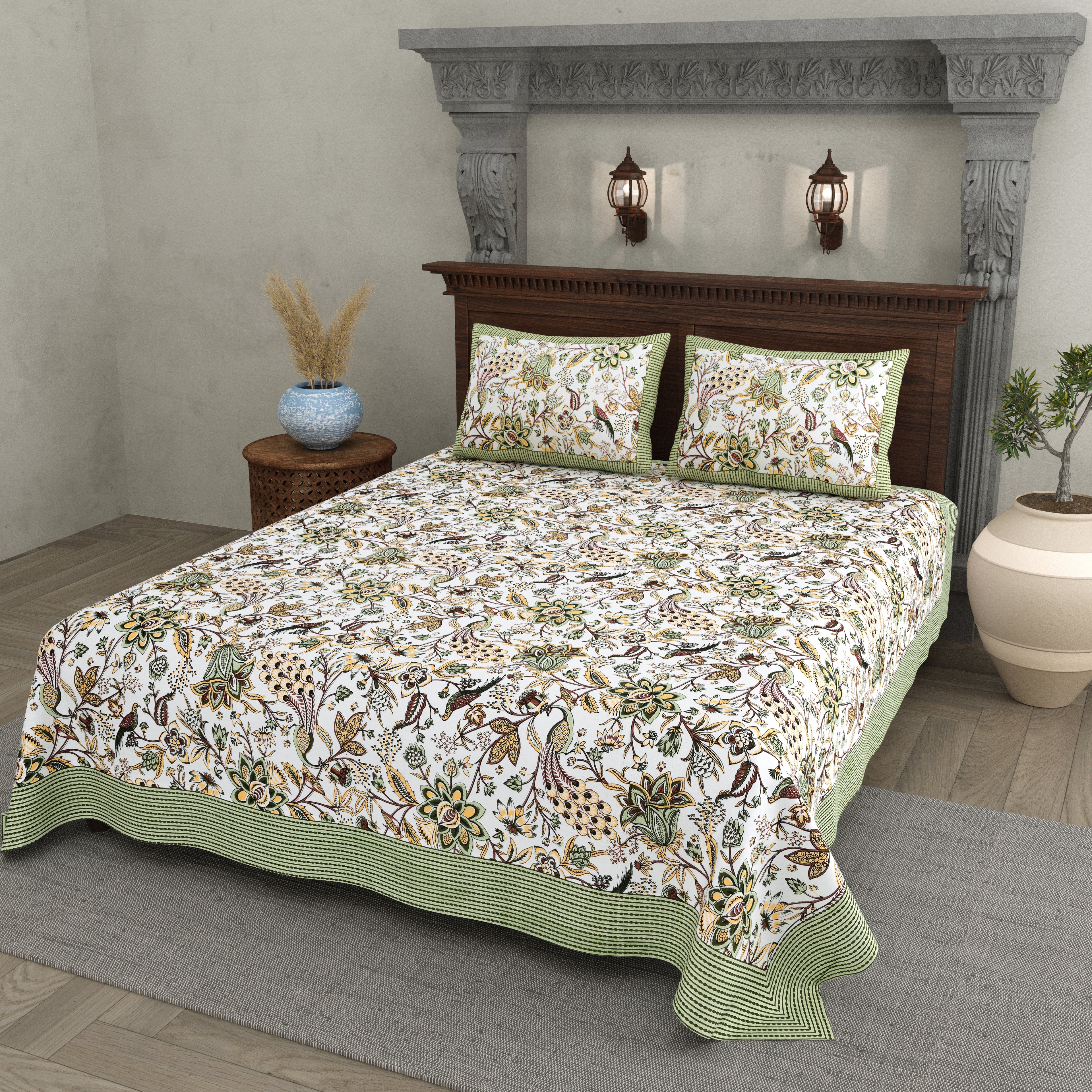 Elegant Rajasthani Peacock Print Bedsheet in Green