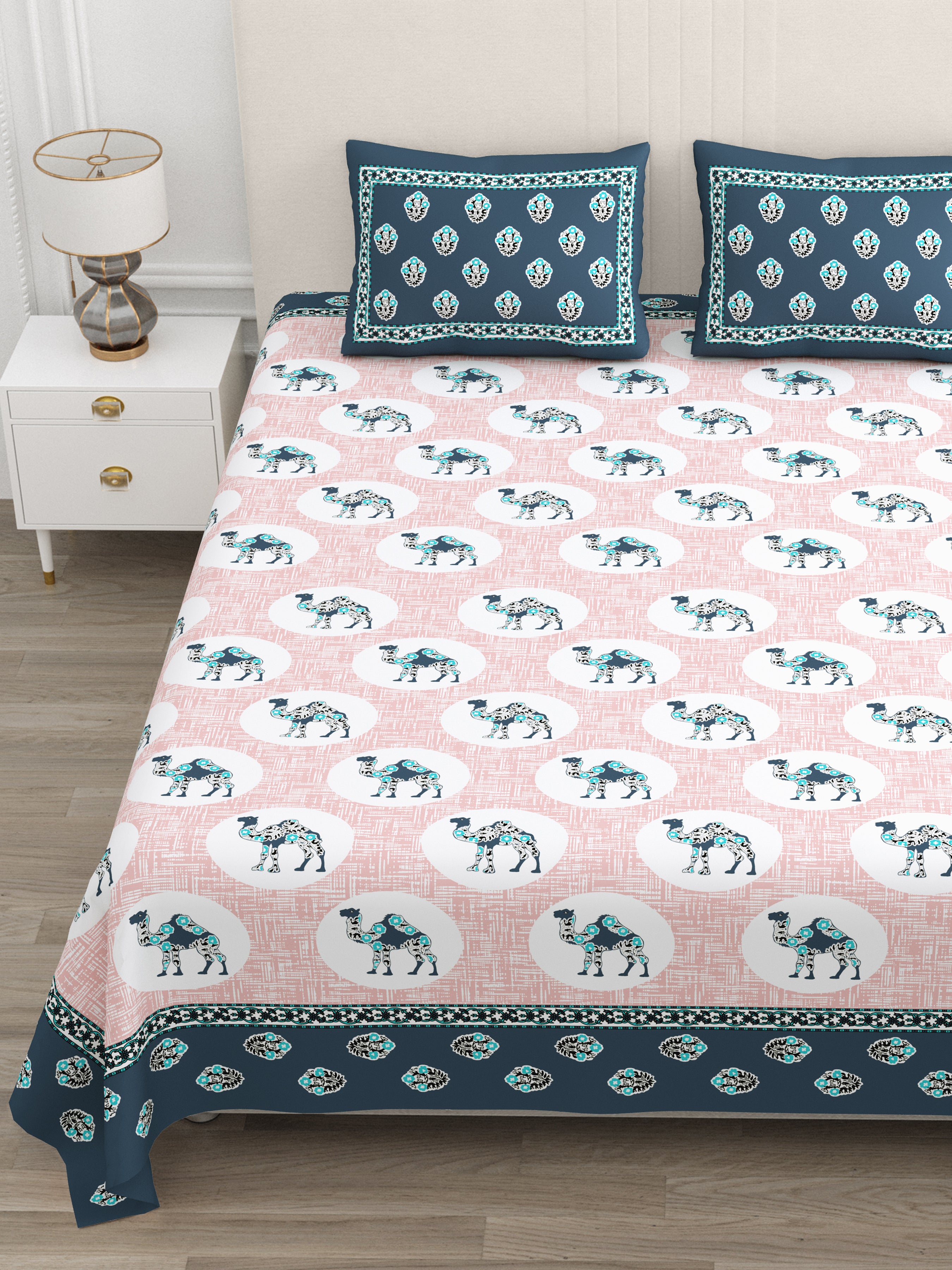 Rose Navy Camel Print King size bedsheet
