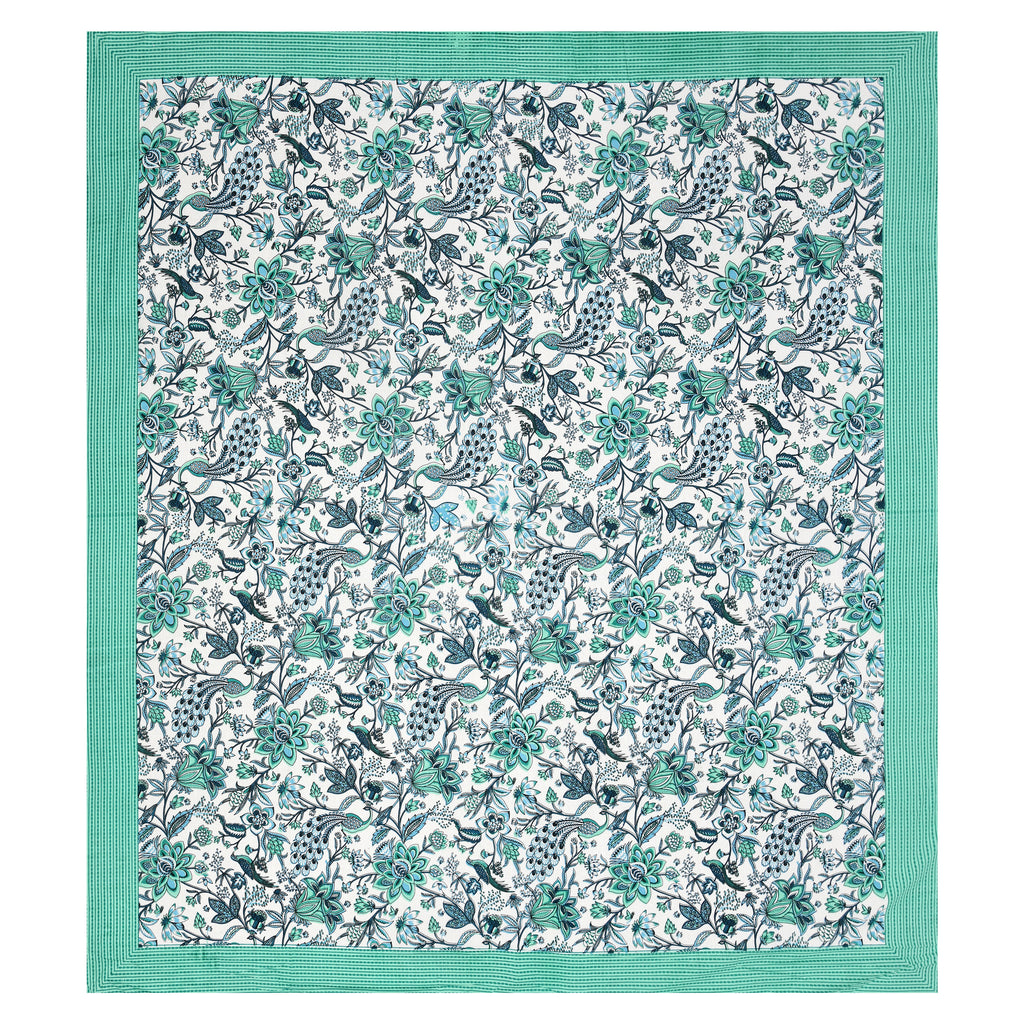 Blue-Green Jaipuri Peacock Print Cotton Bedsheet