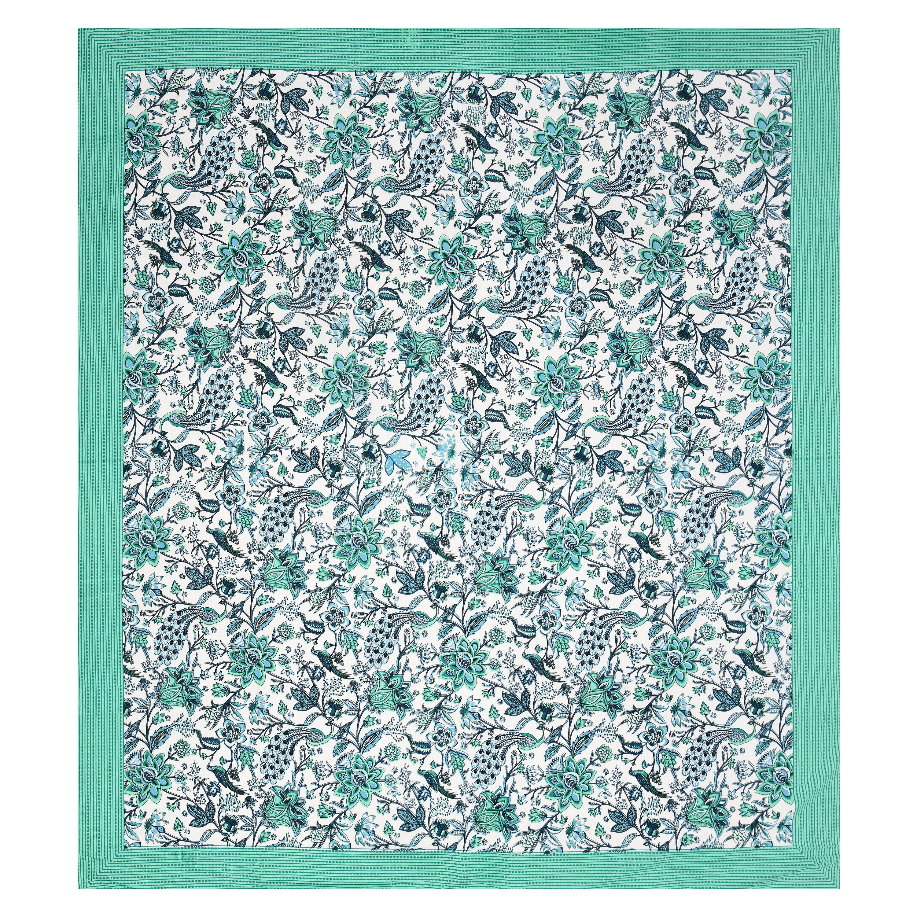 Blue-Green Jaipuri Peacock Print Cotton Bedsheet