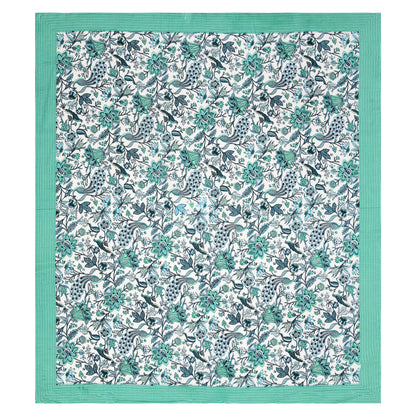 Blue-Green Jaipuri Peacock Print Cotton Bedsheet