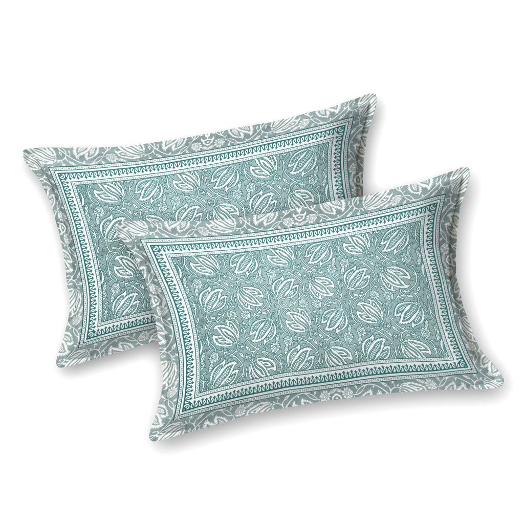 Teal Green Lotus Motif King Size Bedsheet