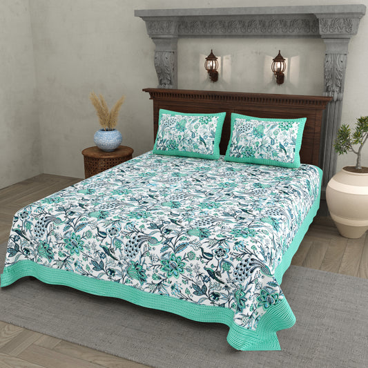 Blue-Green Jaipuri Peacock Print Cotton Bedsheet