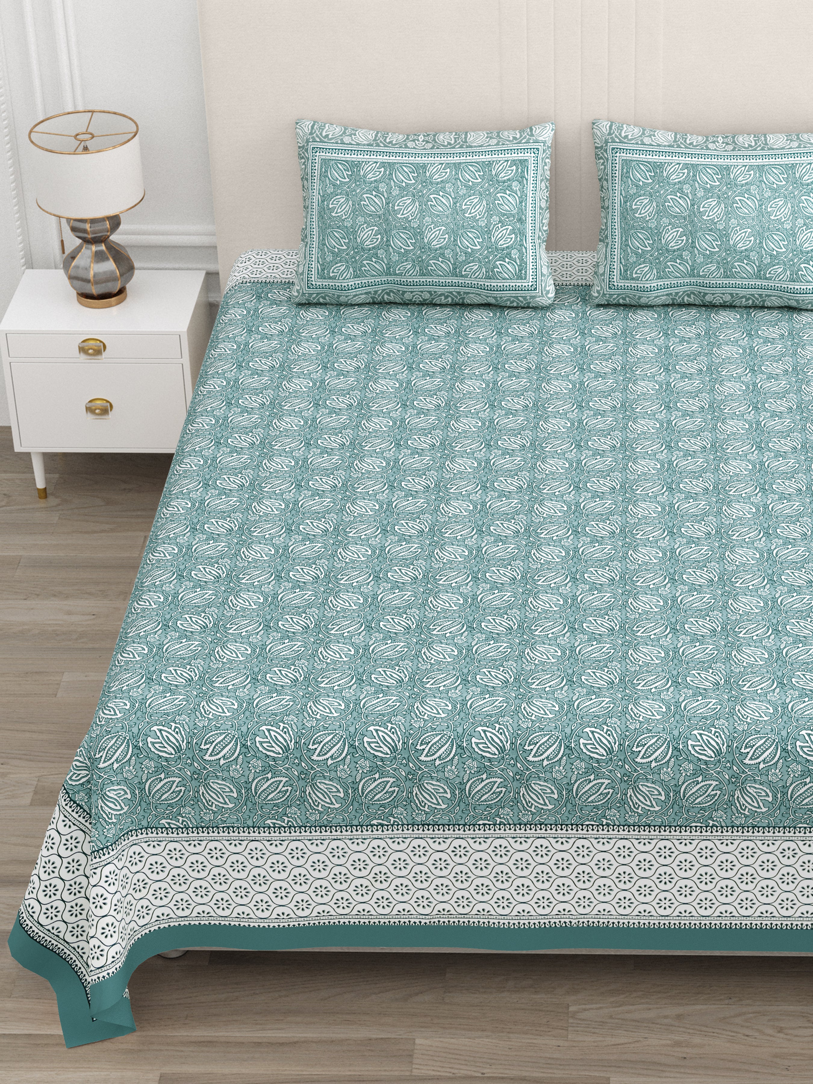 Teal Green Lotus Motif King Size Bedsheet