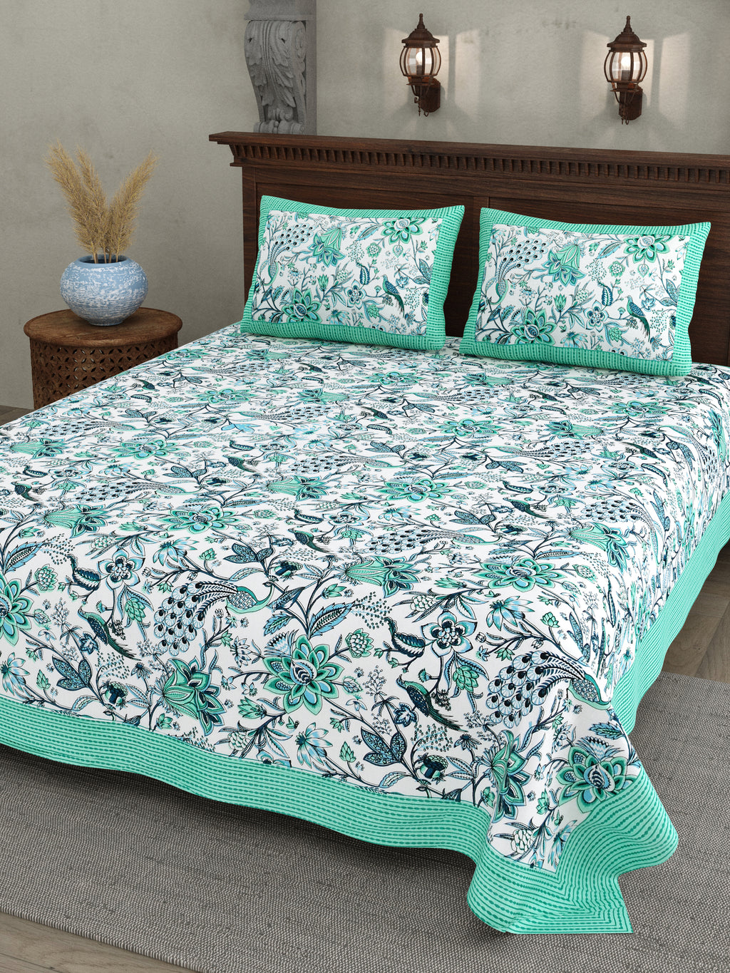 Blue-Green Jaipuri Peacock Print Cotton Bedsheet