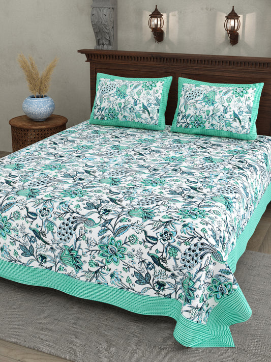 Blue-Green Jaipuri Peacock Print Cotton Bedsheet