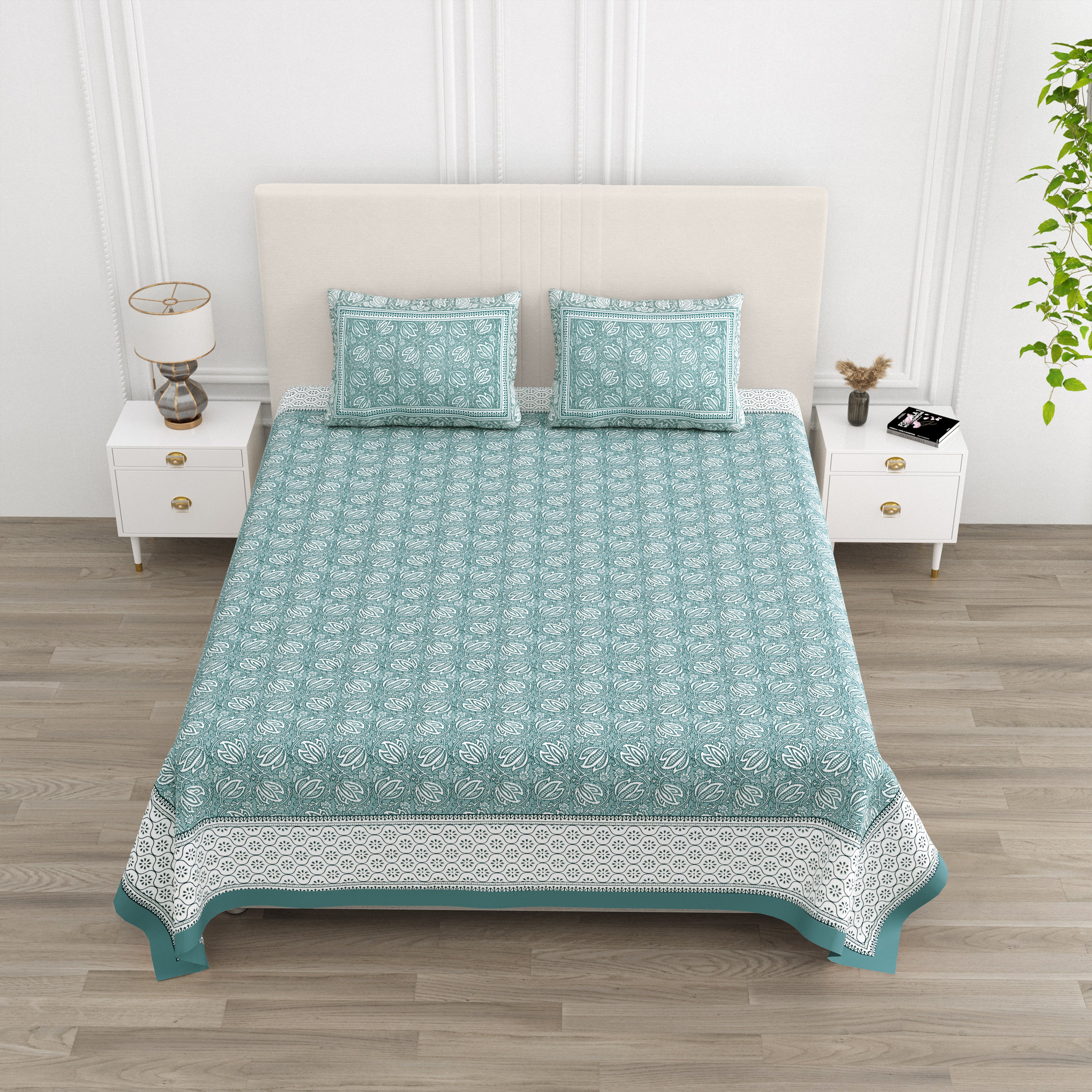Teal Green Lotus Motif King Size Bedsheet