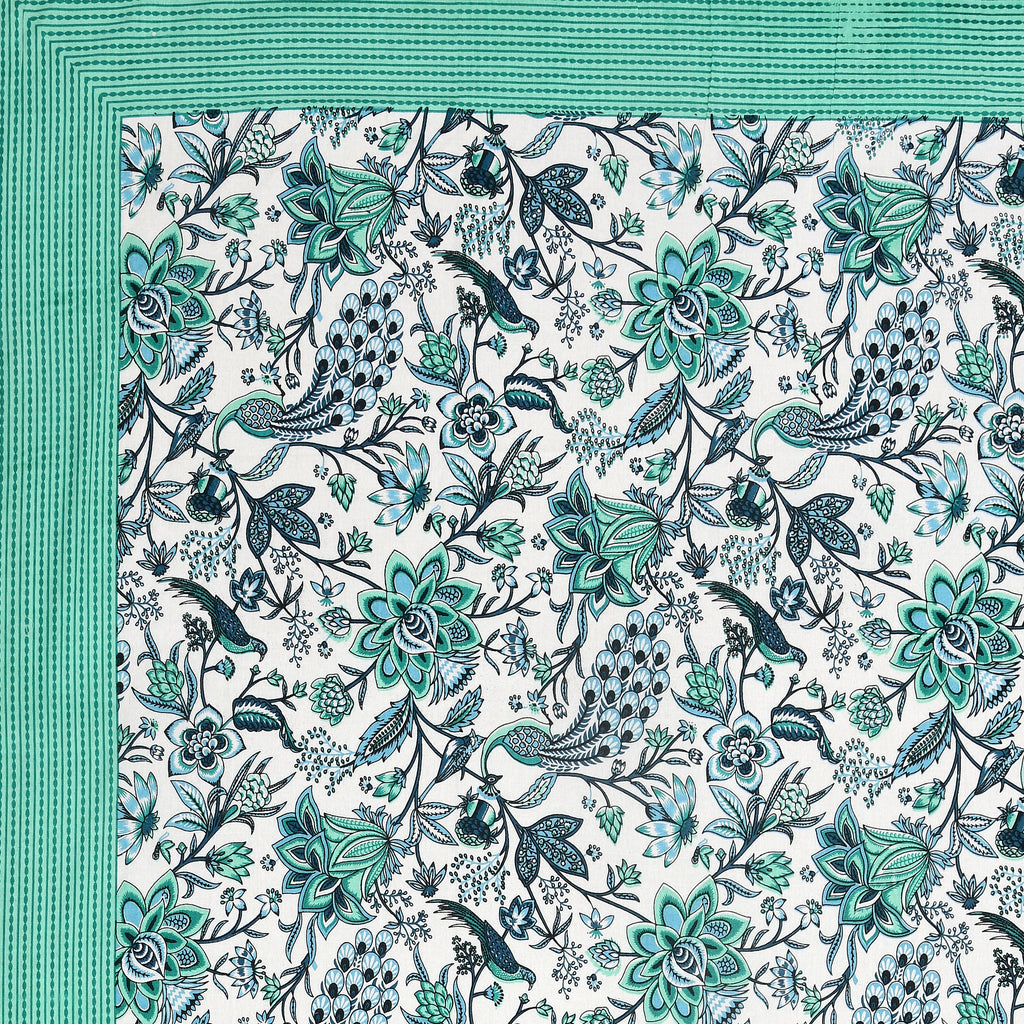 Blue-Green Jaipuri Peacock Print Cotton Bedsheet