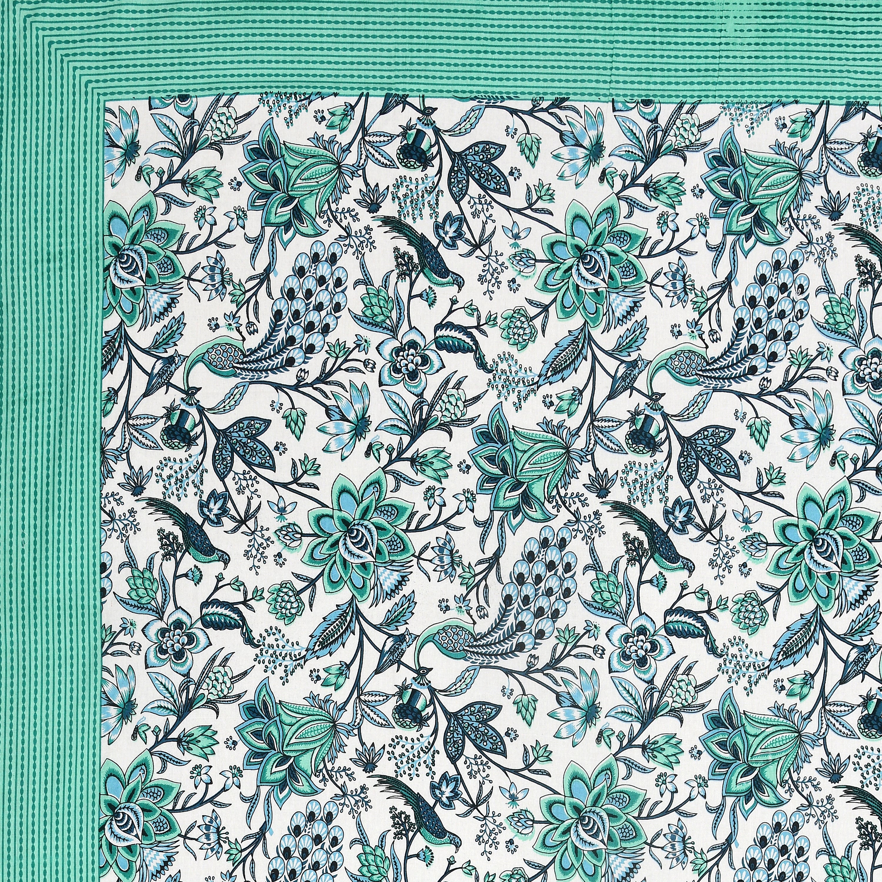 Blue-Green Jaipuri Peacock Print Cotton Bedsheet