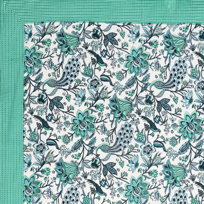 Blue-Green Jaipuri Peacock Print Cotton Bedsheet