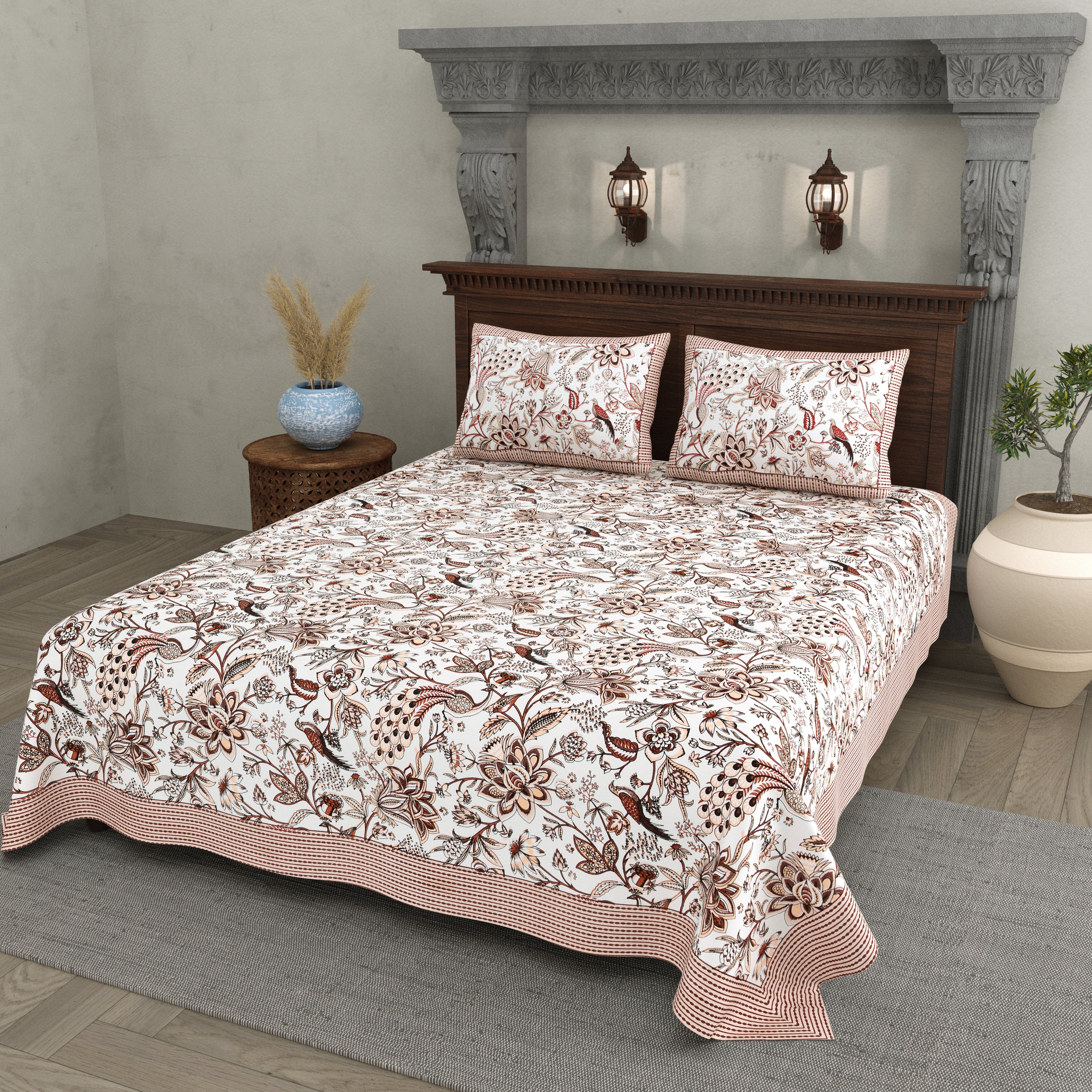 Rust Brown Floral Peacock Jaipuri Bedsheet
