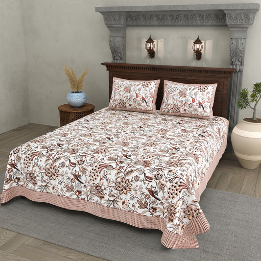Rust Brown Floral Peacock Jaipuri Bedsheet