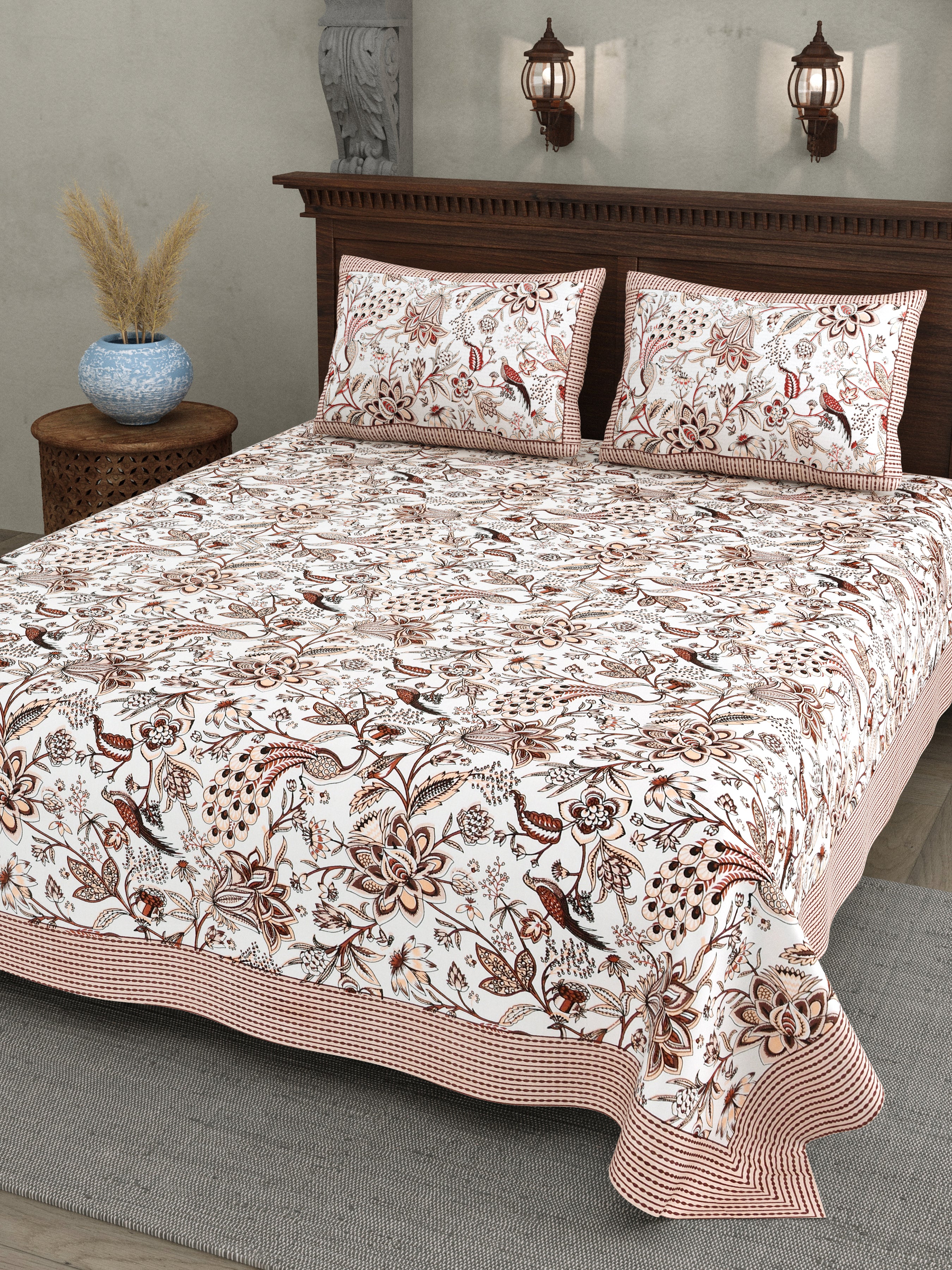 Rust Brown Floral Peacock Jaipuri Bedsheet