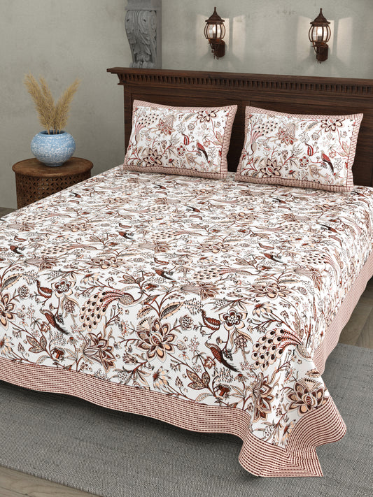 Rust Brown Floral Peacock Jaipuri Bedsheet